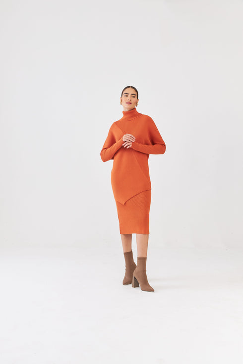 Saia Midi Reta Em Tricot Canelado Ambar